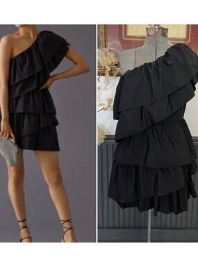 NWT ENDLESS ROSE Anthropologie Black One Shoulder Ruffle Mini Dress Sz Small 💛🎀